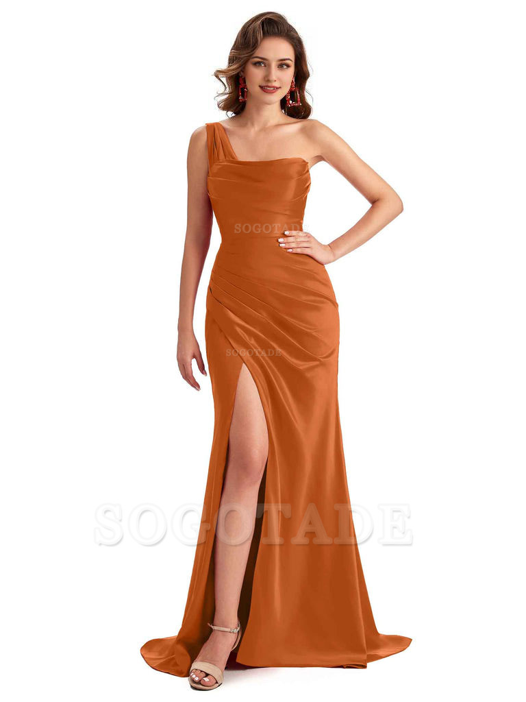 Sexy One Shoulder Side Slit Silky Satin Chic Long Mermaid Trumpet Bridesmaid Dress