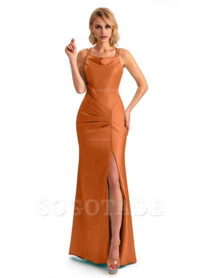 Soft Satin Spaghetti Straps Side Slit Long Unique Mermaid Beautiful Dresses For Wedding