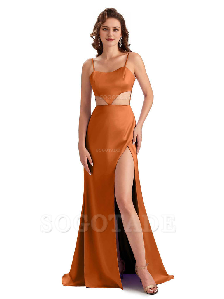 Sexy Satin Side Slit Spaghetti Straps Mermaid Long Unique Curve Wedding Guest Dresses