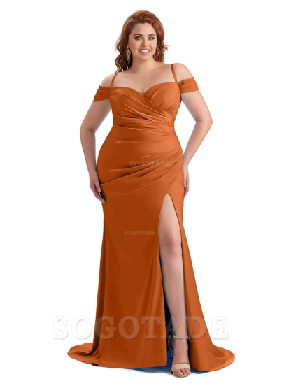 Sexy Side Slit Sleeveless Cold Shoulder Mermaid Soft Satin Long Plus Size Maid of Honor Dresses