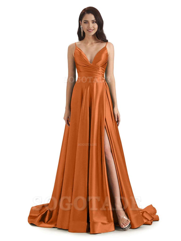 Spaghetti Straps Satin formal dresses evening gown Bridesmaid Dresses With Side Slit 