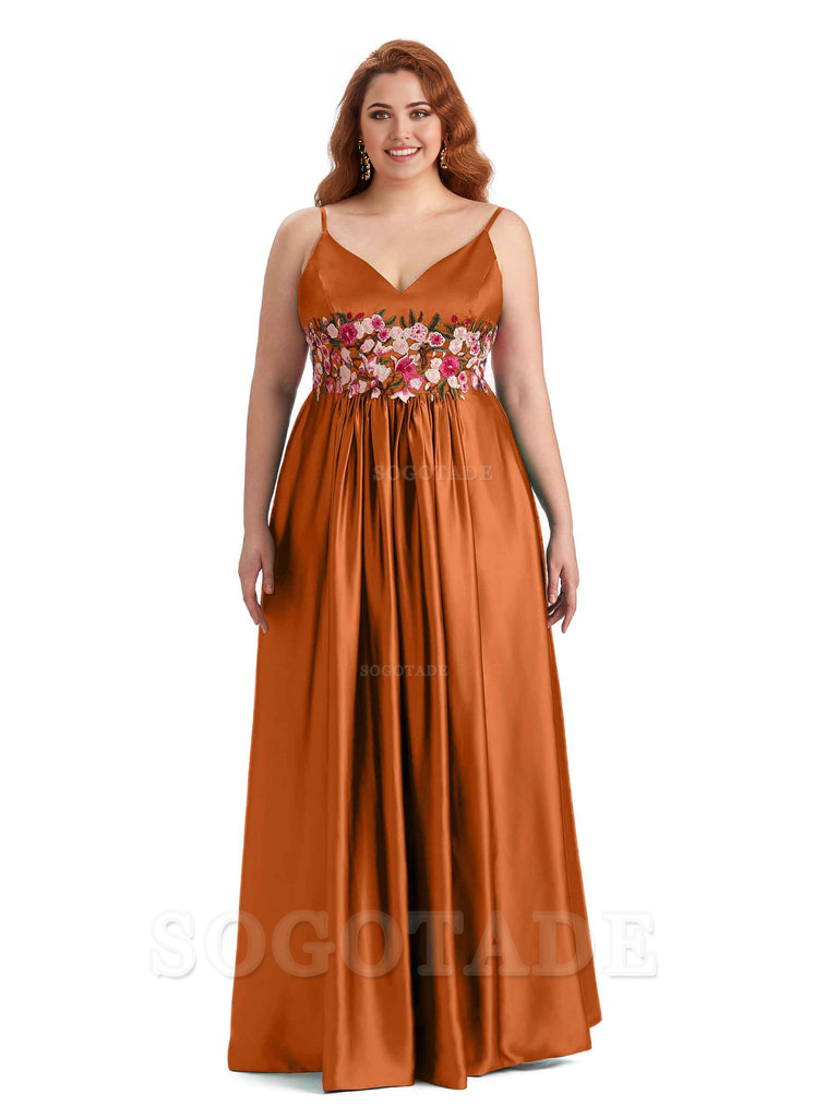 Unique Lace Spaghetti Straps Sleeveless Soft Satin Long Plus Size Bridesmaid Dress For Wedding