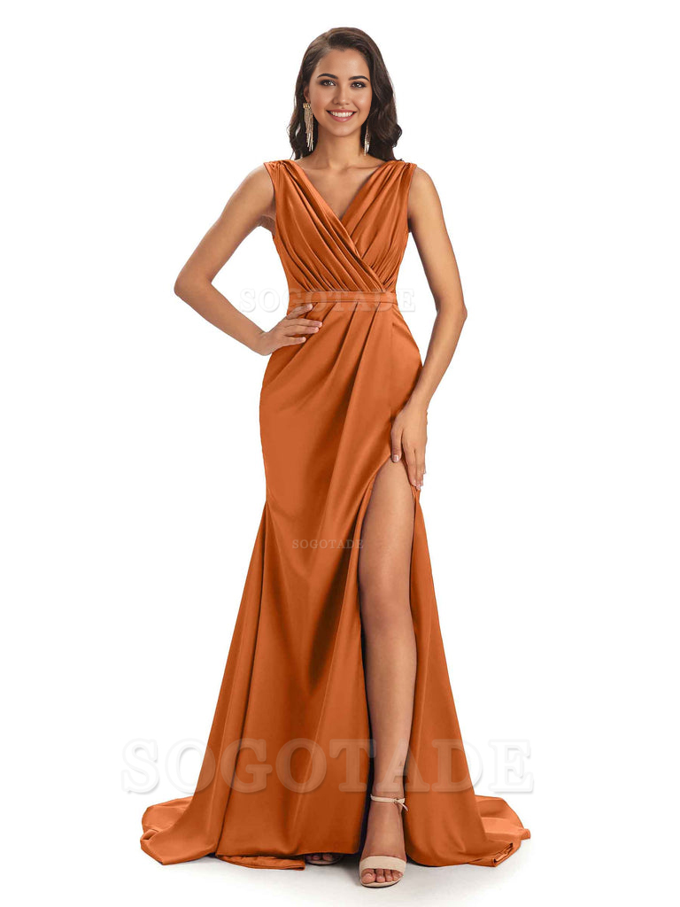 A-line V-neck Floor-Length Satin formal dresses evening gown Bridesmaid Dresses With Side Slit 