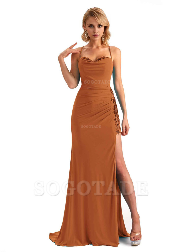 Mermaid Spaghetti Straps Side Slit Lace Stretchy Jersey Long Formal Bridesmaid Dresses