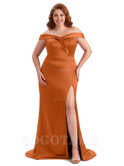 Elegant Off The Shoulder Sleeveless Side Slit Mermaid Soft Satin Long Plus Size Bridesmaid Gowns