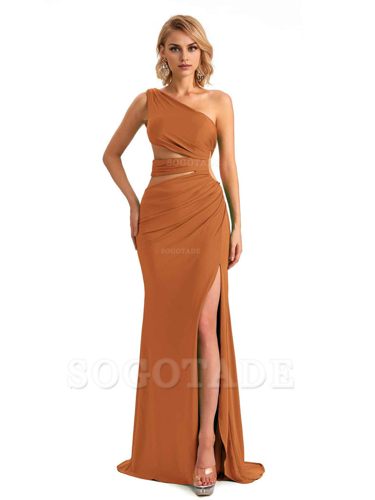 Elegant Mermaid One Shoulder Side Slit Stretchy Jersey Long Formal Bridesmaid Dresses