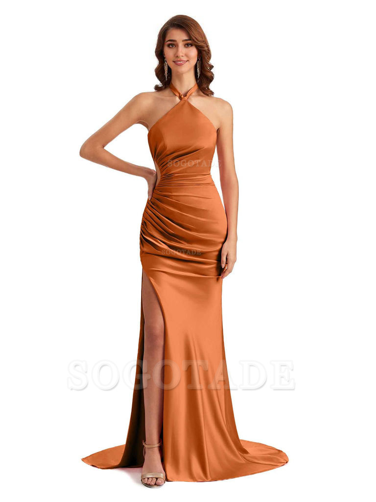 Sexy Halter Mermaid Silky Satin Unique Long Formal Wedding Guest Dresses