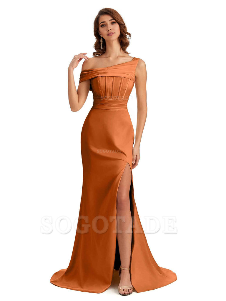 Elegant Asymmetrical Neck Soft Satin Side Slit Long Mermaid Bridesmaid Dresses
