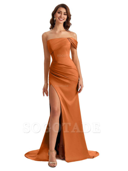 Unique One Shoulder Side Slit Satin Long Formal Dresses For Bridesmaid Dresses