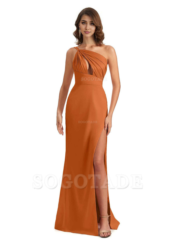 Sexy One Shoulder Silky Satin Unique Long Ladies Bridesmaid Dress For Wedding