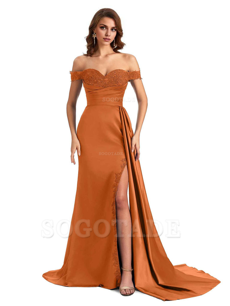 Sexy Off The Shoulder Mermaid Side Slit Silky Satin Long Bridesmaid Dress For Wedding