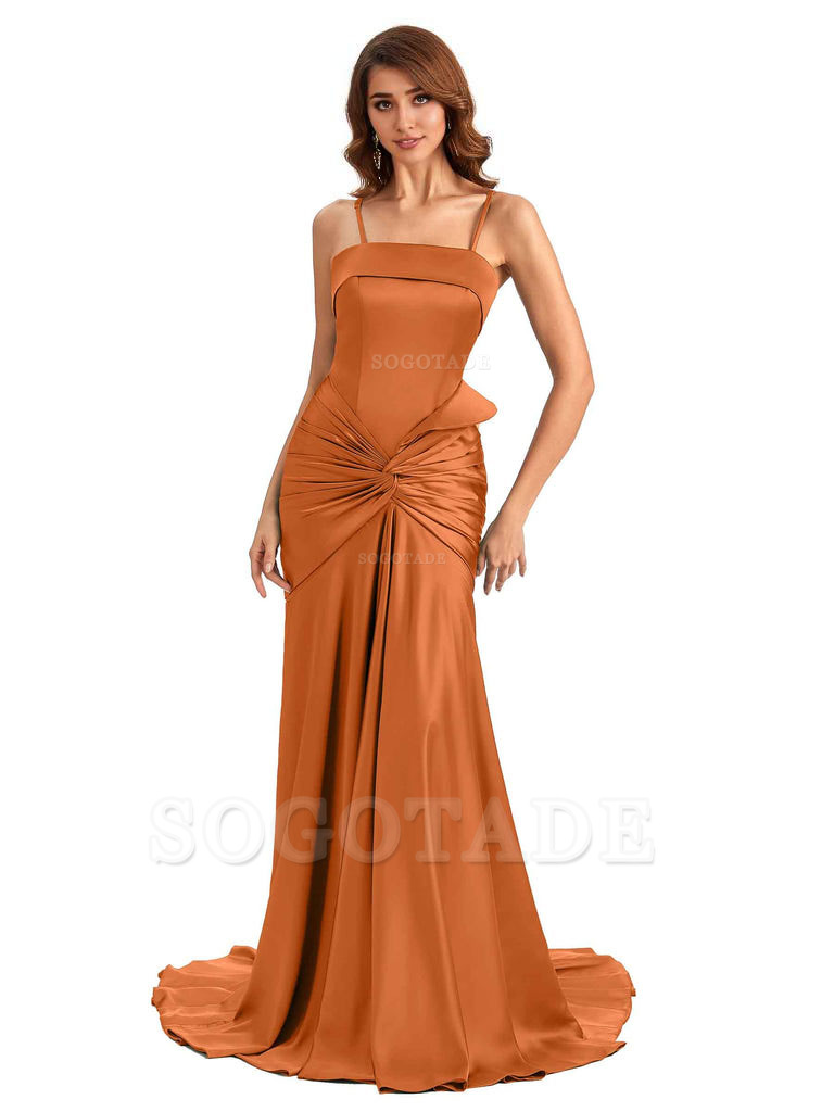 Sexy Mermaid Spaghetti Straps Silky Satin Unique Long Bridesmaid Dress For Wedding