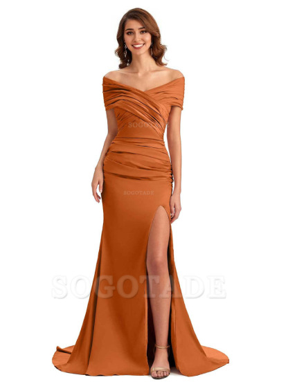 Sexy Off The Shoulder Side Slit Mermaid Satin Unique Long Formal Wedding Guest Dresses