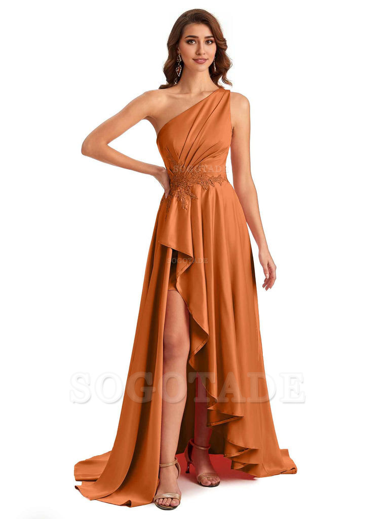 Sexy One Shoulder A-Line High Low Silky Satin Lace Long Formal Wedding Guest Dresses