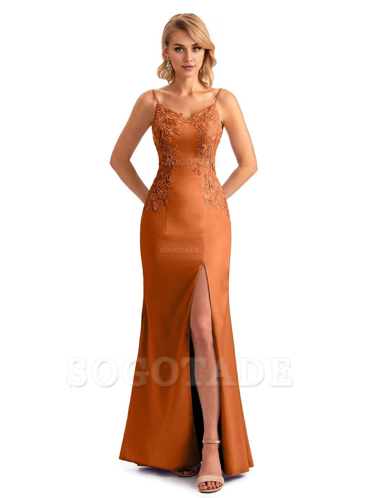 Side Split Mermaid Spaghetti Straps Soft Satin Unique Lace Bridesmaid