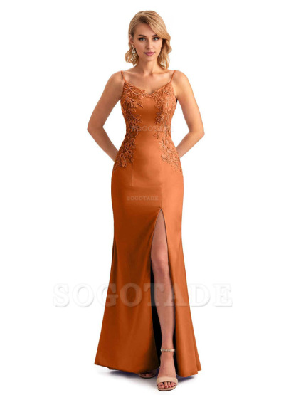 Sexy Side Split Mermaid Spaghetti Straps Soft Satin Unique Lace Long Bridesmaid Dresses