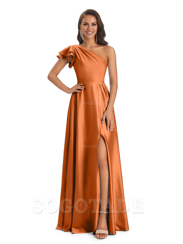 A-Line One Shoulder Ladies Long Bridesmaid Dresses Soft Satin Side Slit Elegant Evening Party Dress