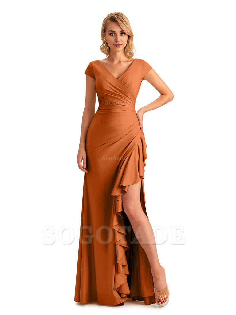 Sexy Side Slit Short Sleeves Mermaid Soft Satin Unique Long Maid Of Honor Dresses