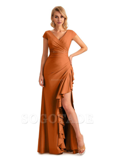 Sexy Side Slit Short Sleeves Mermaid Soft Satin Unique Long Maid Of Honor Dresses