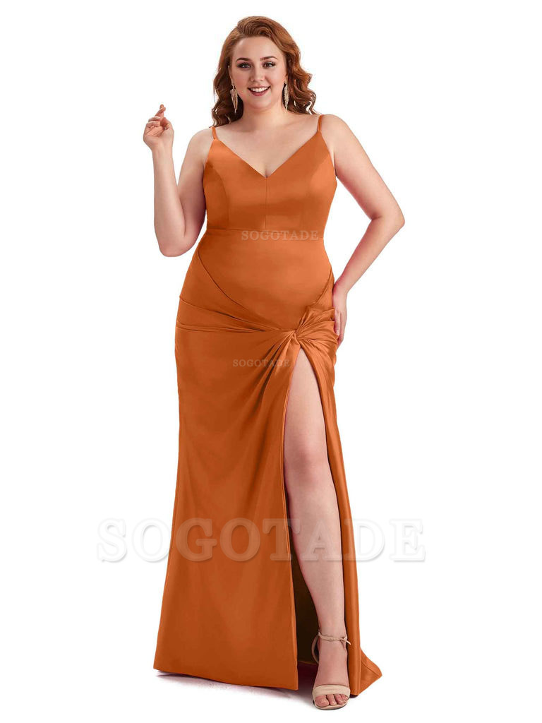Sexy Spaghetti Straps V-neck Side Slit Mermaid Soft Satin Long Plus Size Bridesmaid Dress