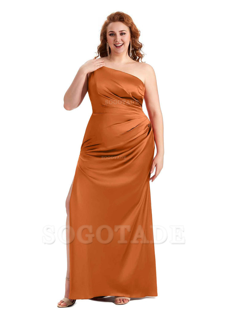 Sexy Side Slit One Shoulder Mermaid Soft Satin Long Plus Size Maid of Honour Dresses