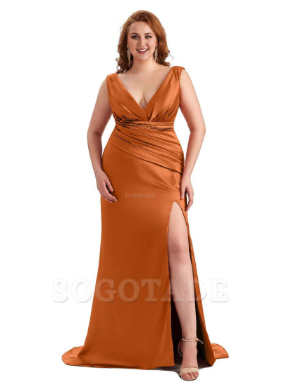 Elegant V-neck Side Slit Mermaid Soft Satin Long Plus Size Bridesmaid Dress For Wedding