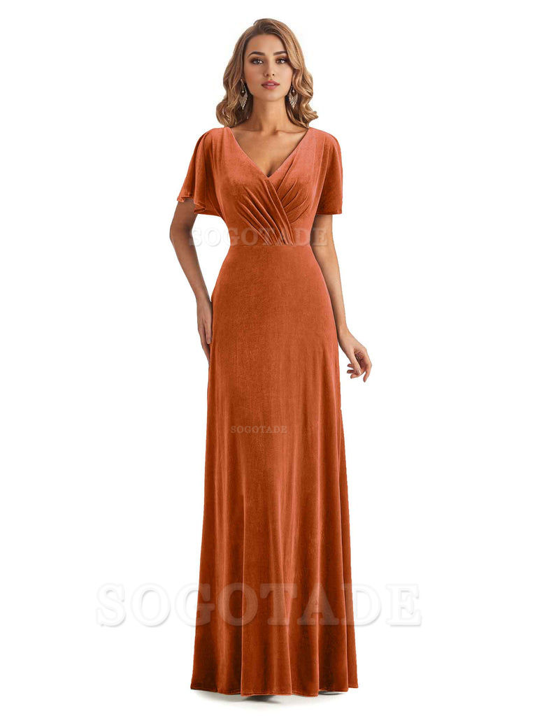 Elegant Mermaid V-neck Short Sleeves Unique Velvet Long Bridesmaid Dresses