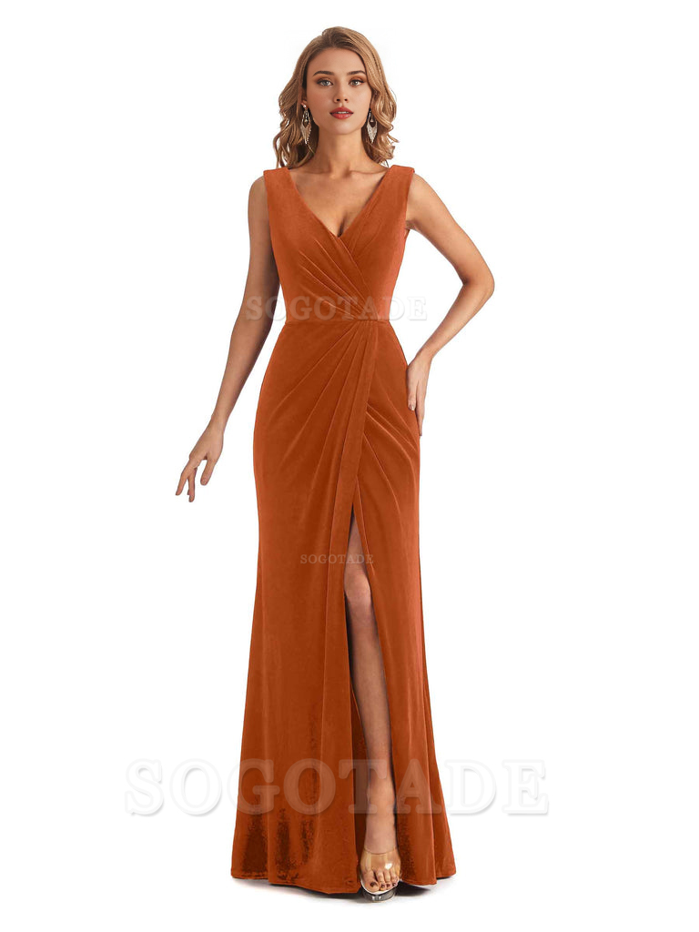 Sexy Deep V-Neck Sheath Velvet Side Slit Long Elegant Bridesmaid Dresses Formal Women's Dresses Wedding Guests Dresses