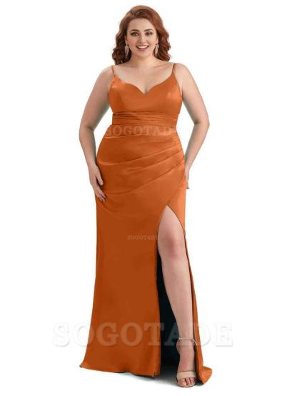 Sexy Side Slit Spaghetti Straps Mermaid Soft Satin Long Plus Size Maid of Honor Dresses