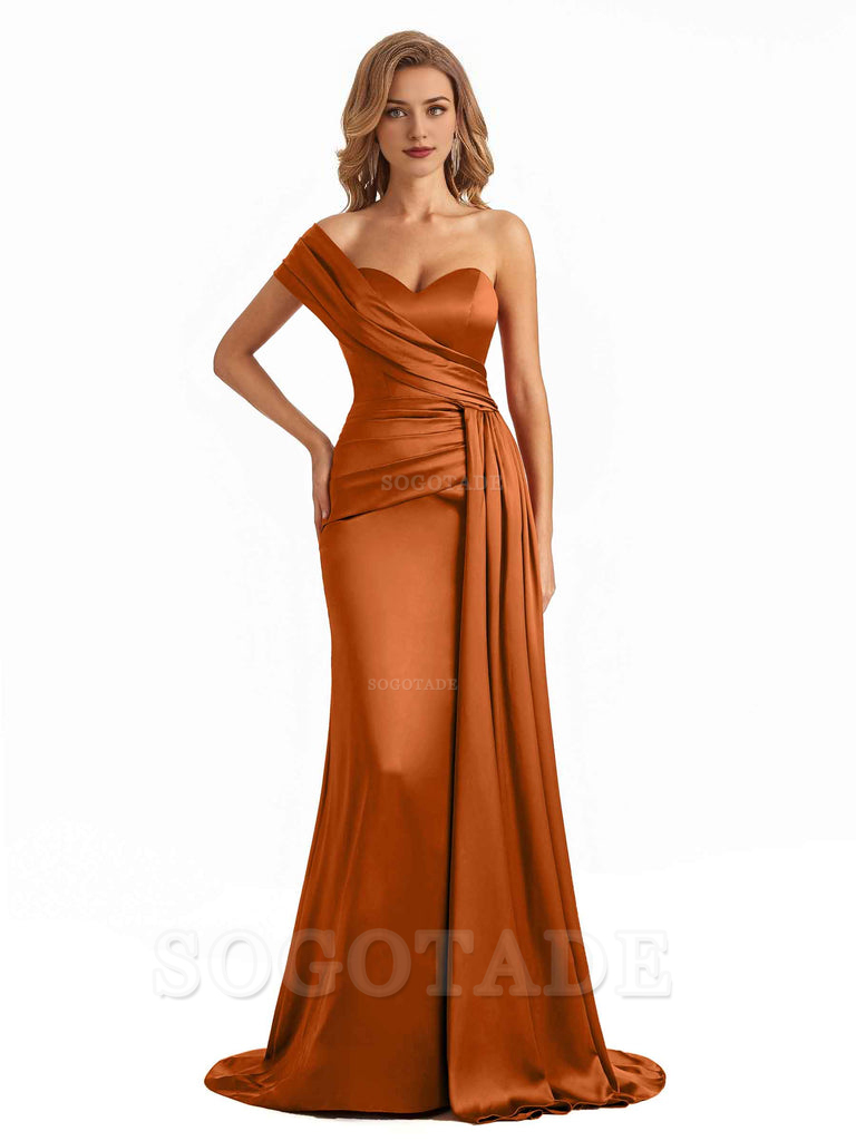 Elegant One Shoulder Soft Satin Long Mermaid Bridesmaid Dresses Online prom shop dresses ﻿