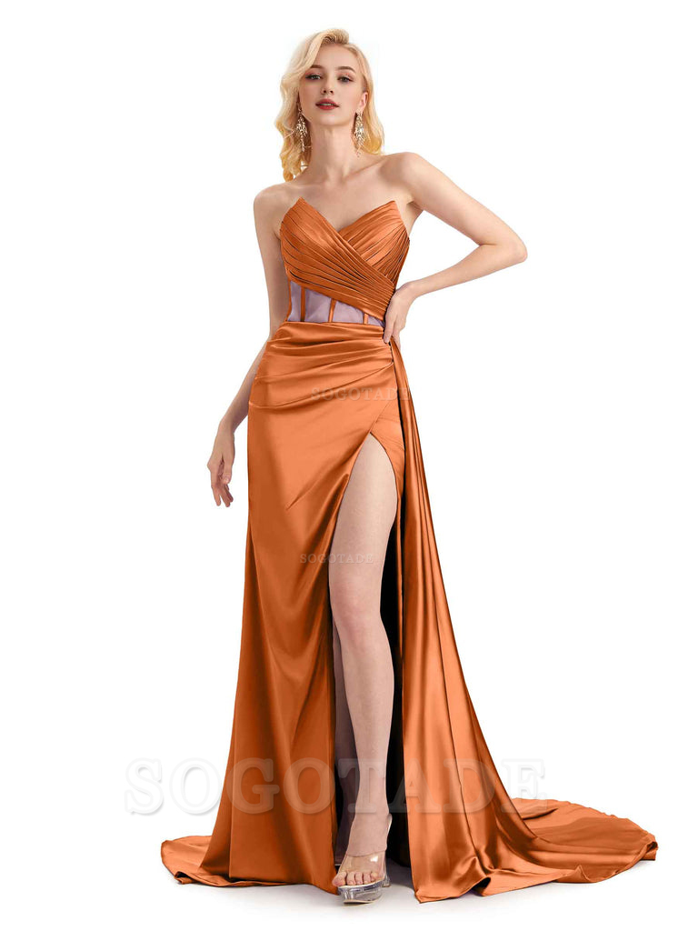 Sexy Soft Satin Side Slit See Through Floor-Length Long Mermaid Bridesmaid Dresses prom shop dresses