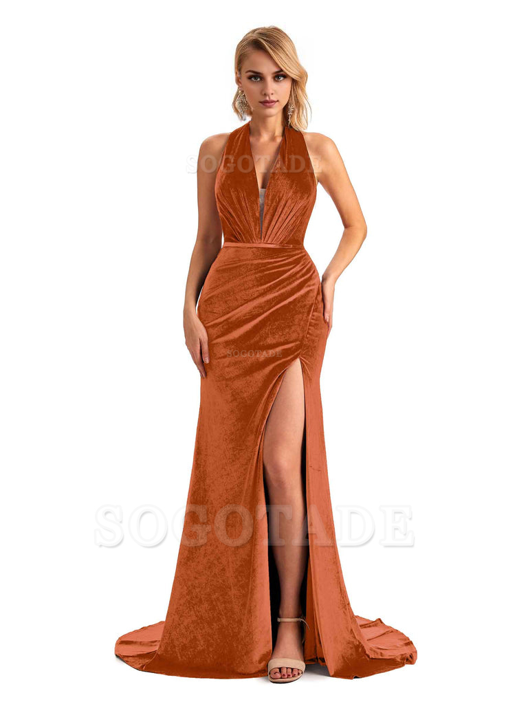 Sexy Deep V Neck Backless Mermaid Halter Side Slit Velvet Long Bridesmaid Dresses Online