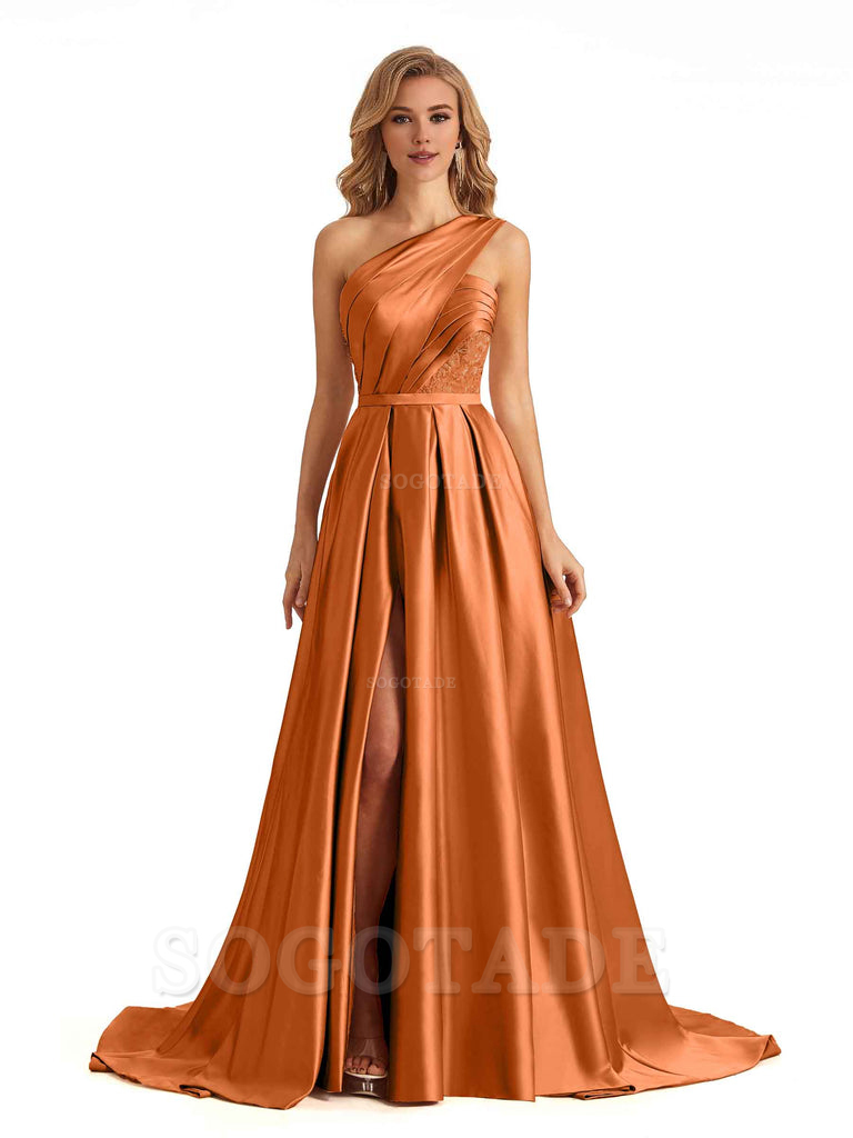 Sexy Side Slit One Shoulder A-Line Soft Satin Long Bridesmaid Dresses Online prom dress in store