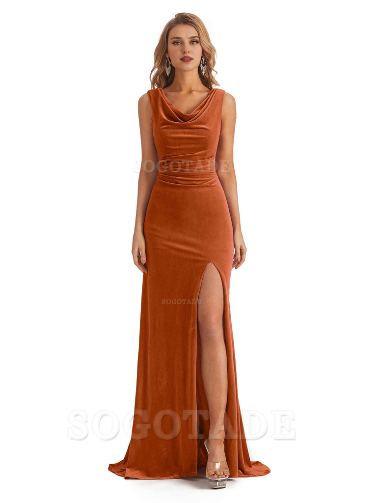 Sexy Mermaid Cowl Velvet Long Open Back Side Fork Bridesmaid Dresses Formal Wear Dresses