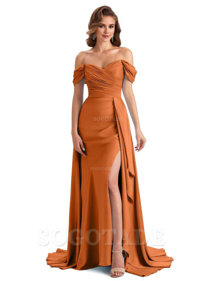 Sexy Side Slit Mermaid Soft Satin Off The Shoulder Long Unique Bridesmaid Dresses prom dress in store