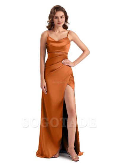 Soft Satin Side Slit Spaghetti Straps Sexy Wedding Bridesmaid Dresses