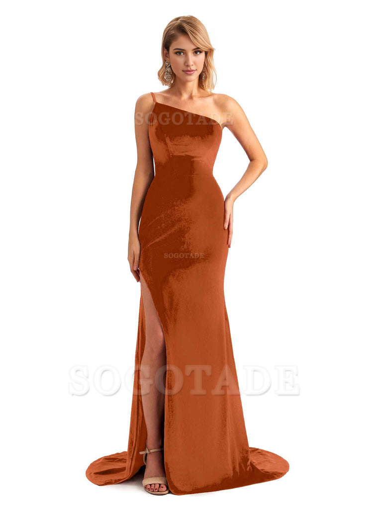 Sexy Side Slit Mermaid Spaghetti Straps One Shoulder Formal Velvet Long Bridesmaid Dresses