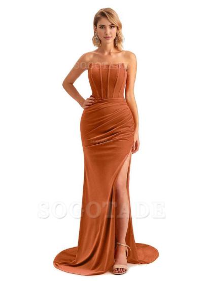 Sexy Side Hight Slit Sleeveless Mermaid Strapless Velvet Long Bridesmaid Dresses Online