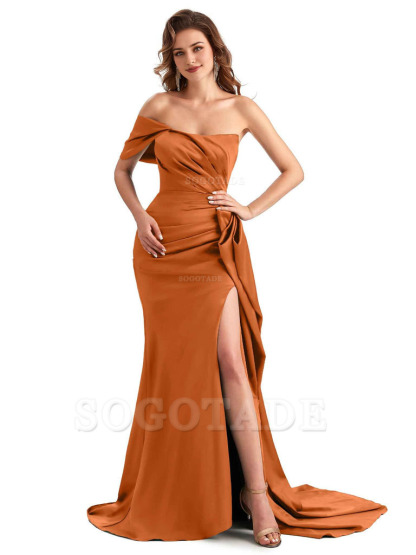 Sexy Side Slit Mermaid Silky Satin One Shoulder Chic Long Maid Of Honor Dresses