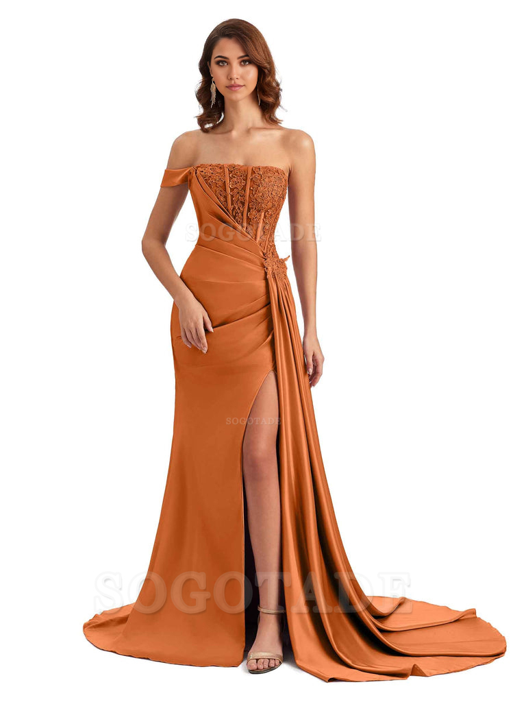 Mermaid Off Shoulder Applique formal dresses evening gown Bridesmaid Dresses With Side Slit 