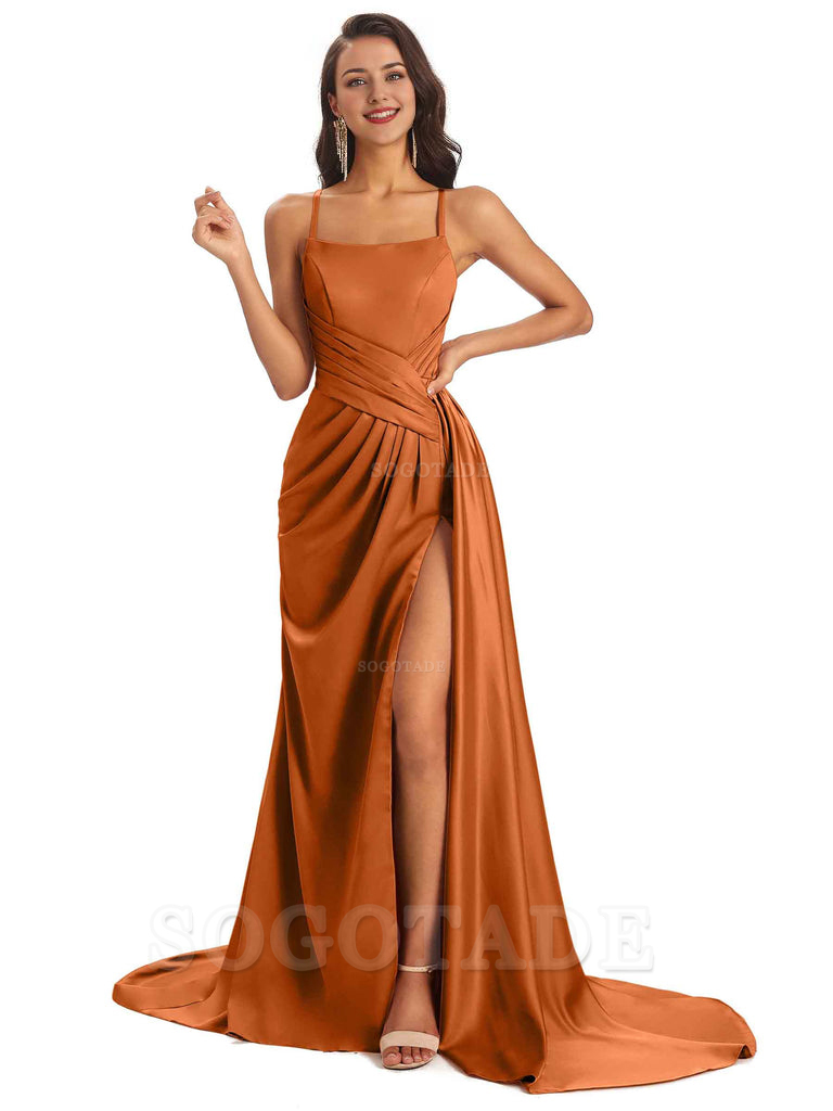 Sexy Soft Satin Side Slit Spaghetti Straps Long Maxi Bridesmaid Dresses prom shop dresses