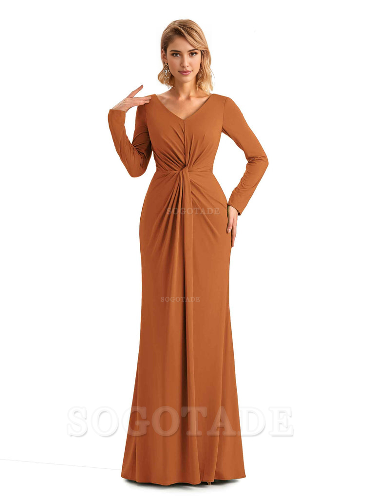 Elegant Simple Mermaid Pleats V-neck Long-Sleeves Floor Length Long Formal Bridesmaid Dresses