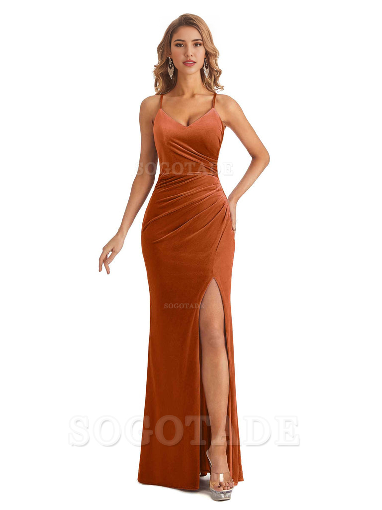 Elegant Mermaid Spaghetti Straps V-Neck Velvet Side Slit Long Bridesmaid Dresses Bridesmaid Dresses Formal Wear Dresses