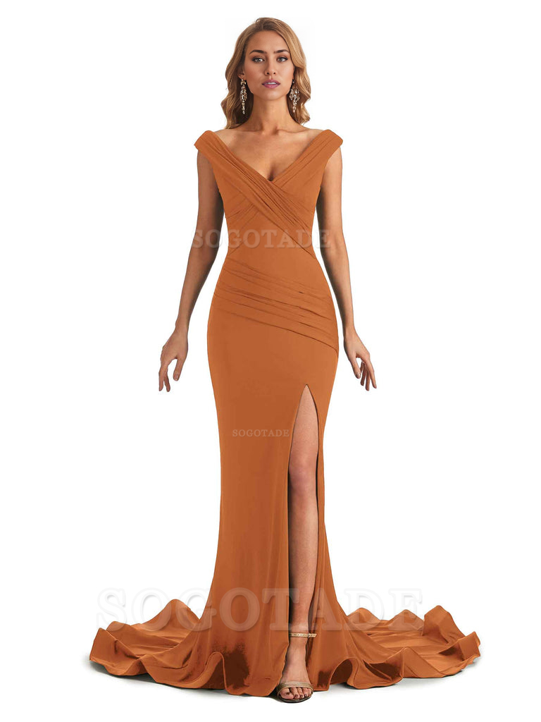 Sexy Mermaid V-Neck Off The Shoulder Side Fork Long Fashion Bridesmaid Dresses Formal Women's Dresses Wedding Guests Dresses