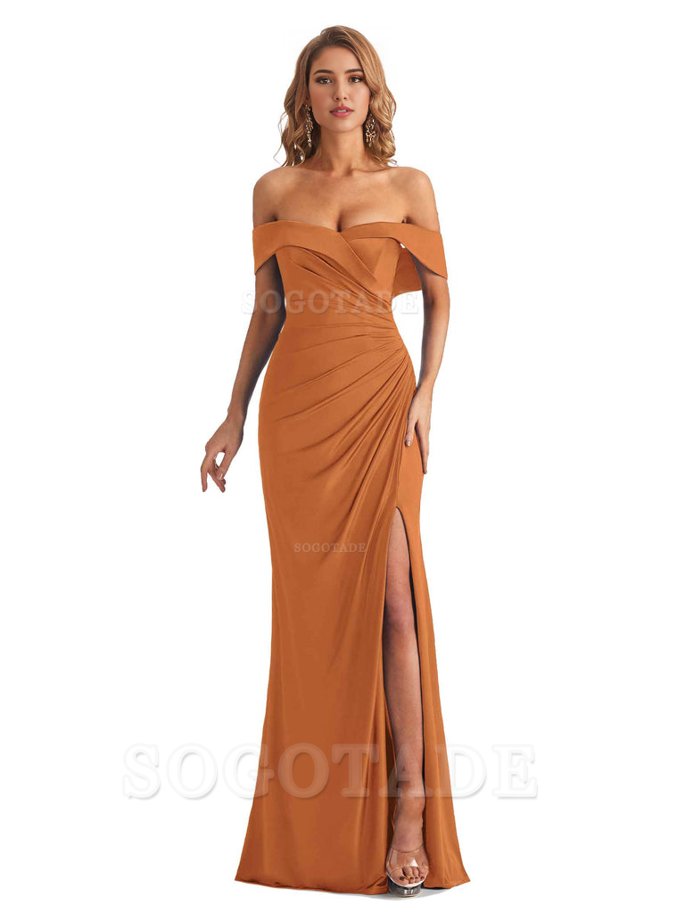 Sexy Mermaid Cultivate oneself Off The Shoulder Pleated Side Slit Long Bridesmaid Dresses Formal Women's Dresses Wedding Guests Dresses