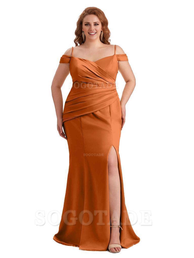 Elegant Cold Shoulder Side Slit Mermaid Soft Satin Long Plus Size Bridesmaid Gowns