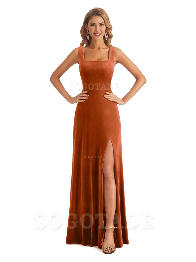 Elegant A Line Sheath Velvet Square Side Fork Long Bridesmaid Dresses Formal Women's Dresses Wedding Guests Dresses