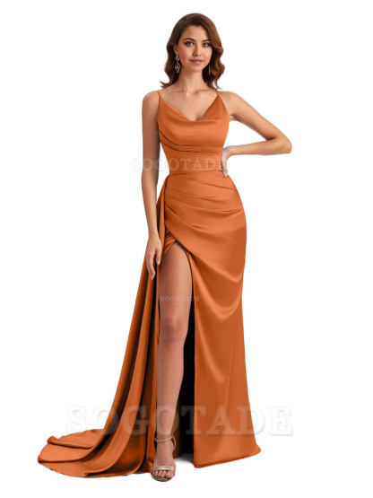 Mermaid Cowl Spaghetti Satin formal dresses evening gown Bridesmaid Dresses With Side Slit