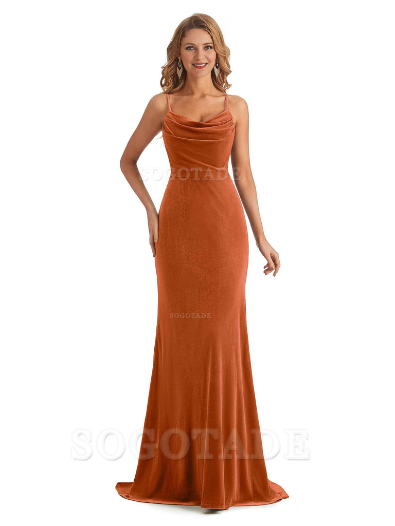 Elegant High Quality Mermaid Spaghetti Straps Cowl Velvet Side Slit Long Exquisite Bridesmaid Dresses Formal Women's Dresses Wedding Guests Dresses