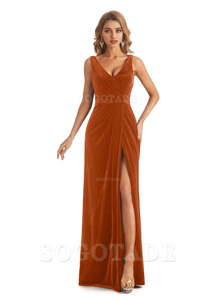 V-Neck Sexy Side Slit Spaghetti Straps Pleated Velvet Long Bridesmaid Dresses Formal Wear Dresses